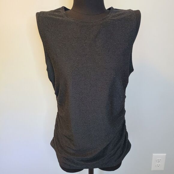 REBECCA MINKOFF Shimmer Metallic Tank Top  Med Ruched Sleeveless Black Sparkle - Picture 1 of 10
